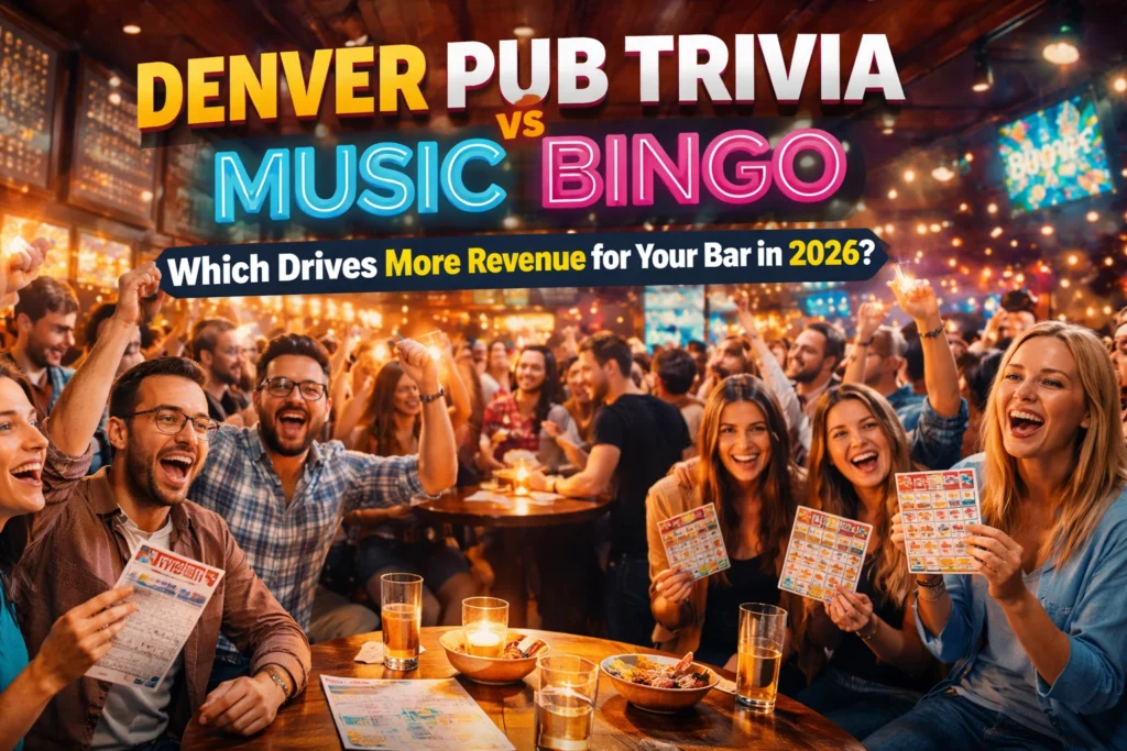 A lively bar scene with enthusiastic people holding bingo cards and trivia sheets, under a neon sign reading “Denver Pub Trivia: Music vs Bingo,” discussing bar revenue for 2026.