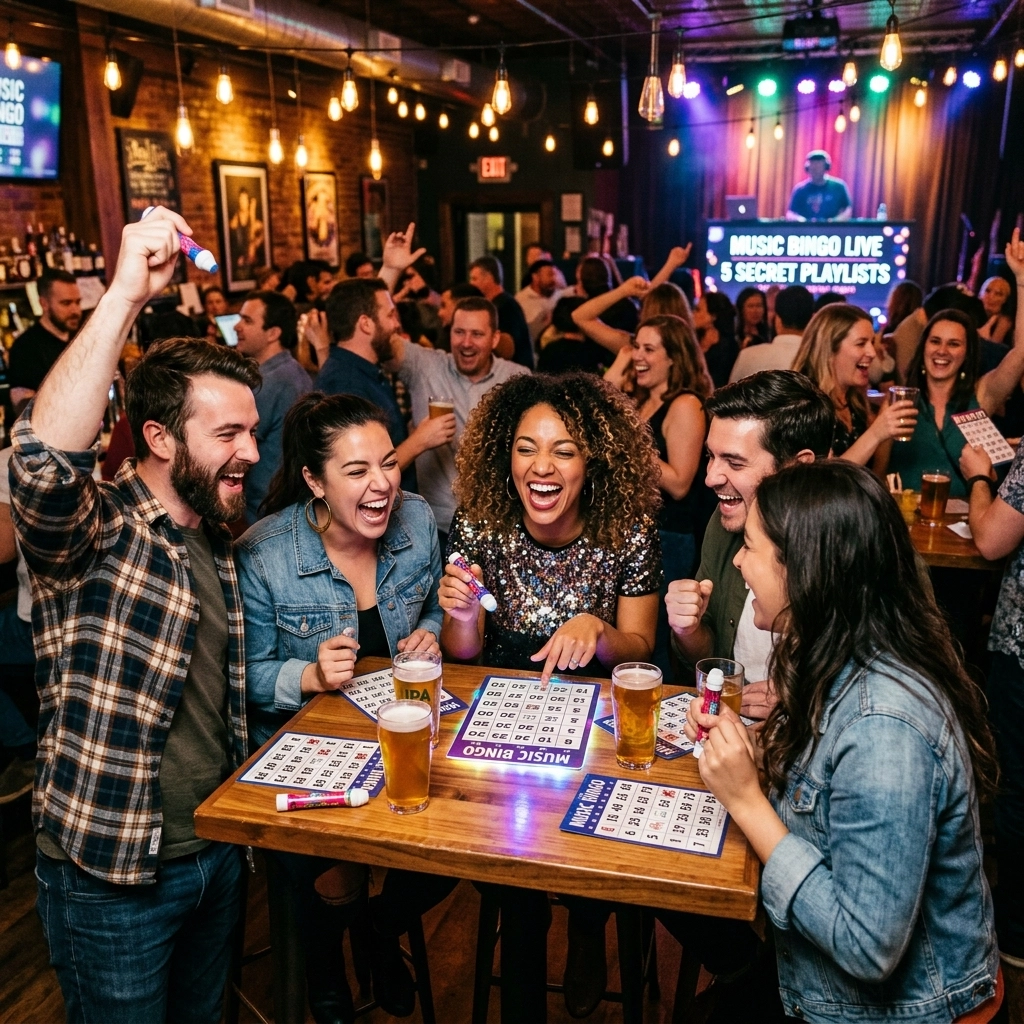 A group of people enthusiastically playing music bingo at a bar, holding bingo cards and drinks, with a DJ and a "Music Bingo Live" sign in the background.