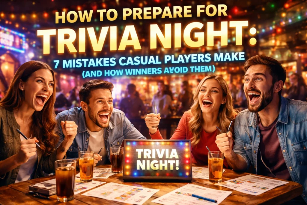 Four excited people sit at a table with drinks and trivia answer sheets, cheering, with a lit "Trivia Night!" sign and colorful lights in the background.