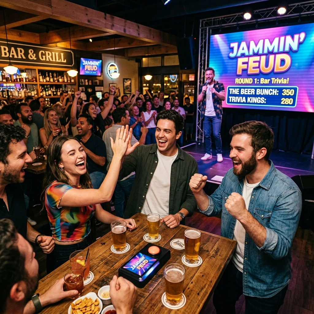 A group of friends celebrate at a bar trivia night, high-fiving at a table with drinks, while a host stands on stage in front of a scoreboard displaying team scores.