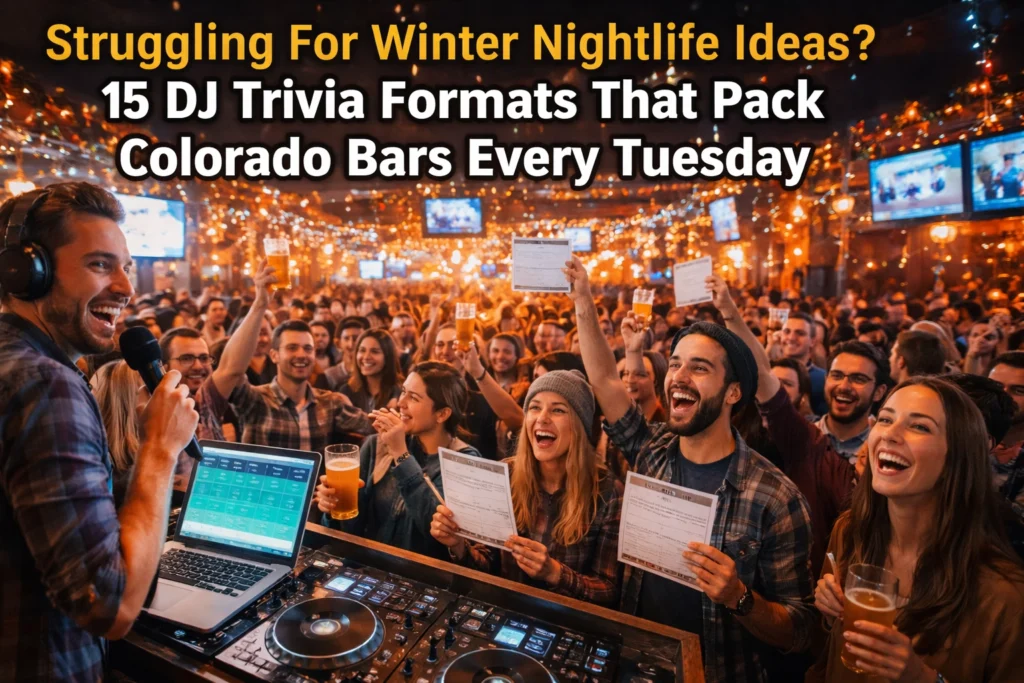 A DJ hosts trivia night at a crowded bar with festive string lights; people hold answer sheets and drinks, smiling and engaging with the event. Text overlays promote DJ trivia formats.