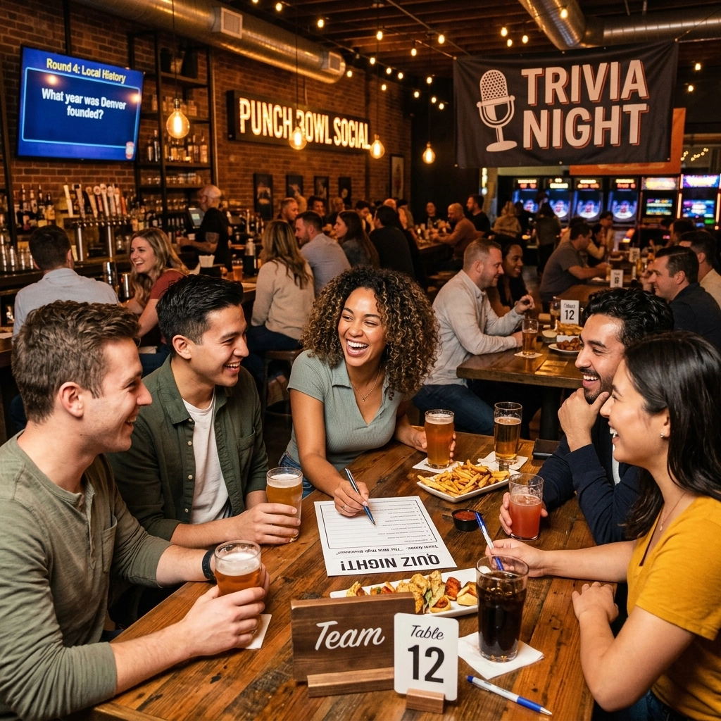 A group of five people sit at a table with drinks and food, participating in trivia night at a crowded bar named Punch Bowl Social.