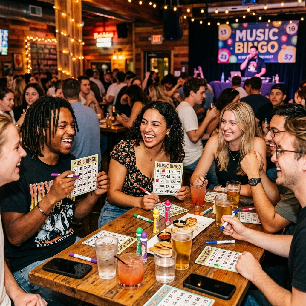 A group of people sit around a table playing music bingo in a lively, crowded bar with drinks and snacks, smiling and laughing.