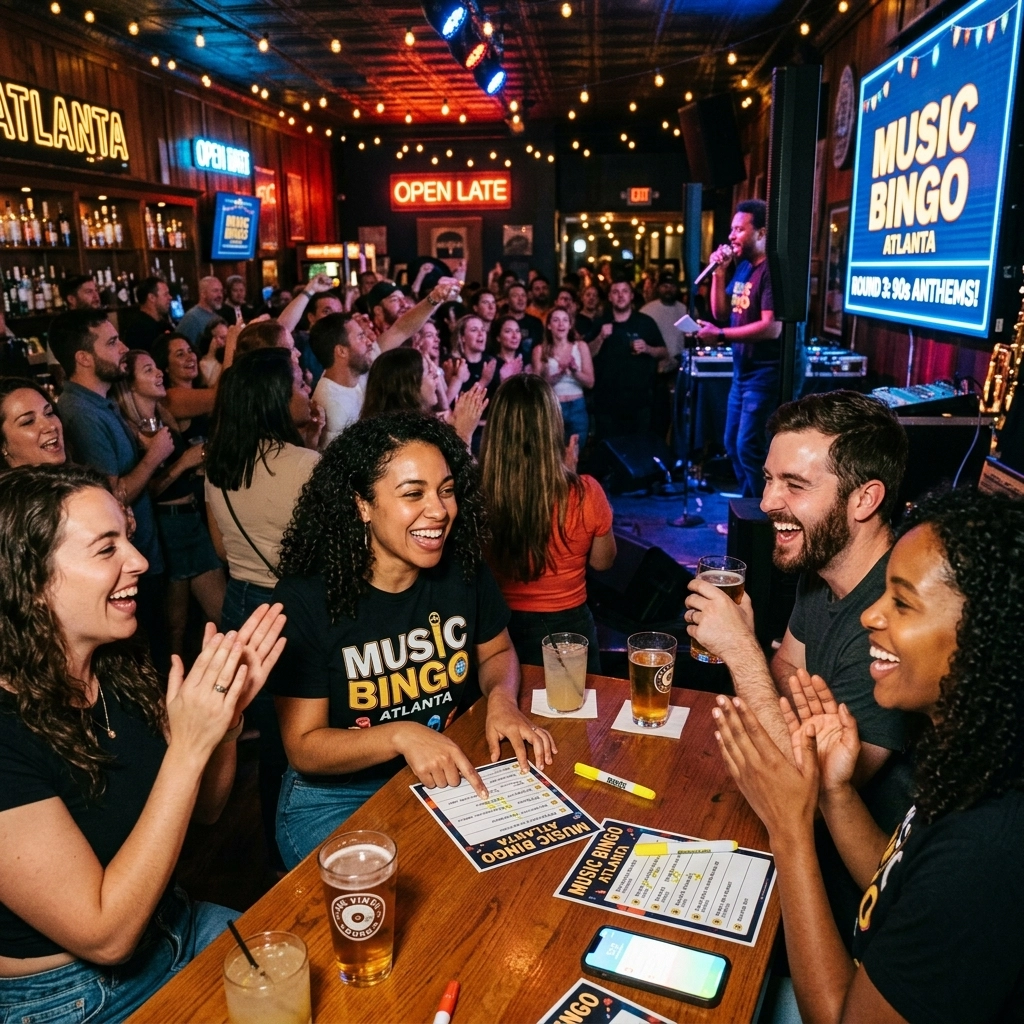 A group of people play music bingo at a crowded bar, smiling and clapping as a host speaks on stage. Drinks and bingo cards are on the table.